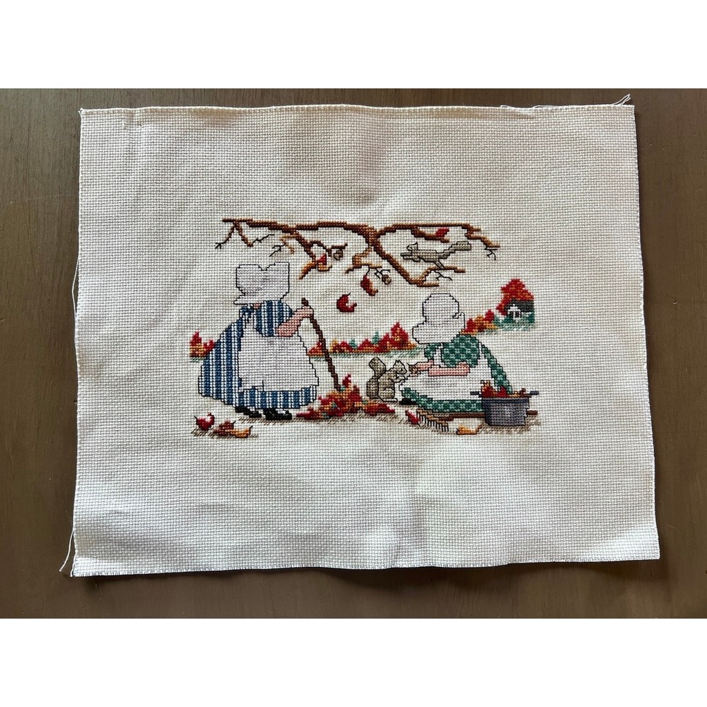 Finished Cross Stitch Panel Folk Art Autumn Campfire Cottagecore Cozy Country